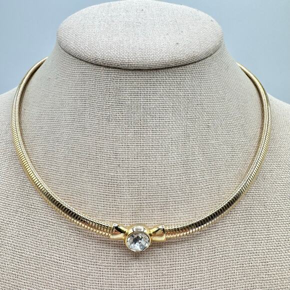 Vintage Sarah Coventry Omega Rhinestone Choker Necklace Gold Tone Signed Chic - Picture 1 of 9